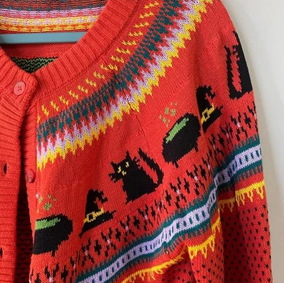 NWT 🐈‍⬛ Witchy cat fair isle cardigan - halloween orange - Picture 2 of 12